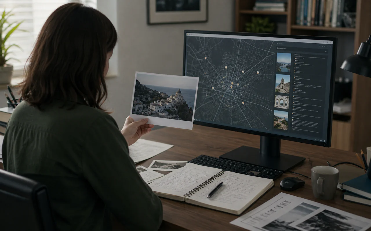 Researcher comparing visual evidence and map candidates
