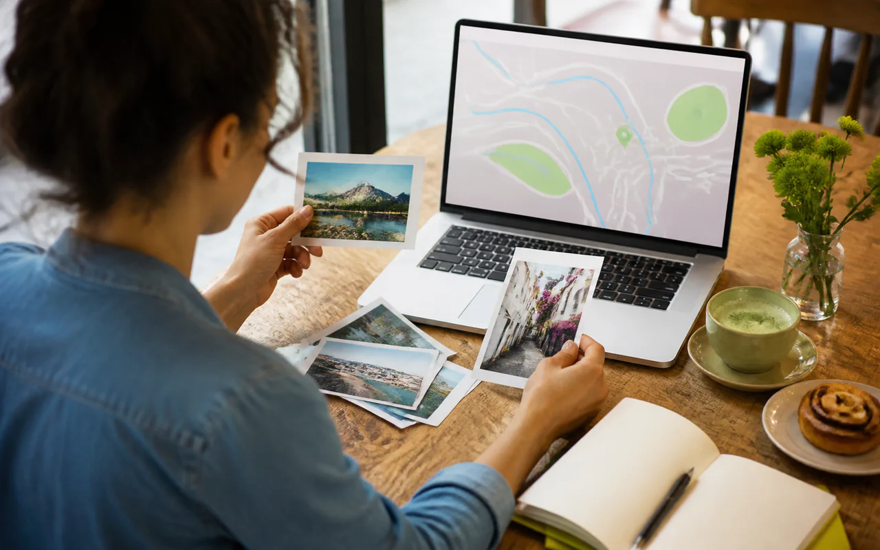 Traveler reviewing printed photos and a map