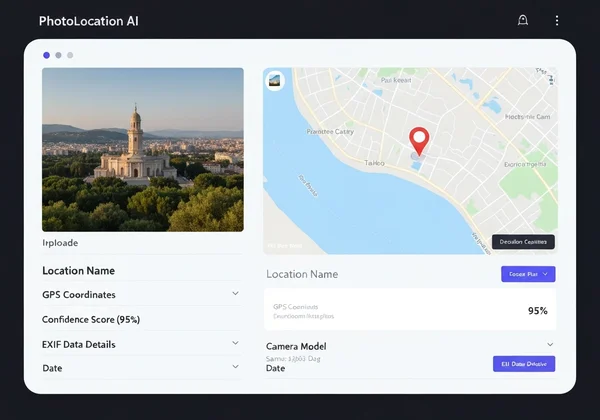 地図、画像、位置詳細が表示されたPhotoLocation AIダッシュボード