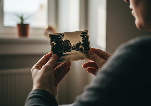 Person looking at old photo, wondering about its location
