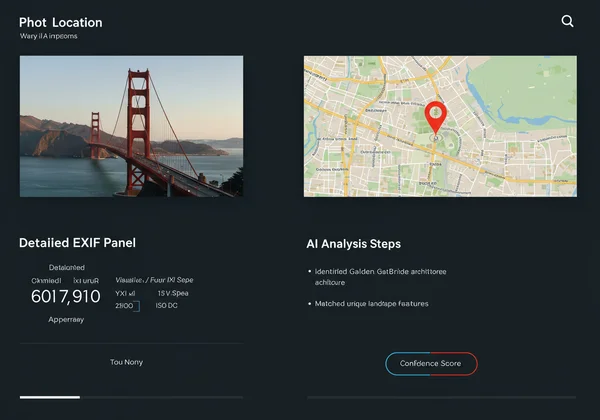 PhotoLocation AI dashboard with map, EXIF, AI analysis.