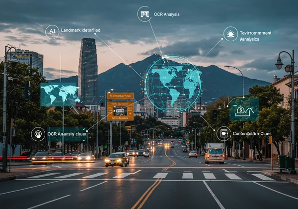AI analyzing photo for landmarks, text, and environmental clues.