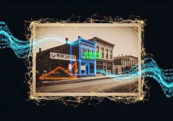 AI analyzing an old photo, highlighting landmarks and text
