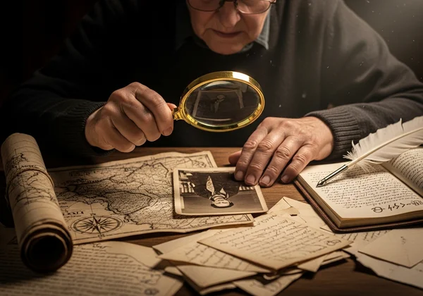 Person using a magnifying glass to examine old photo details