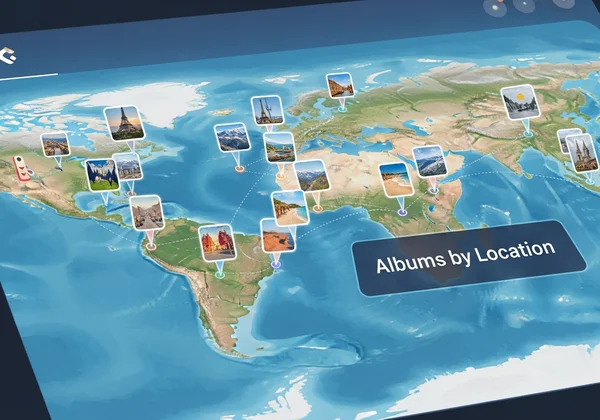 Geotagged photos organized on a map for memories