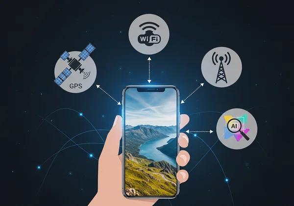 Smartphone showing GPS, Wi-Fi, cell, and AI location