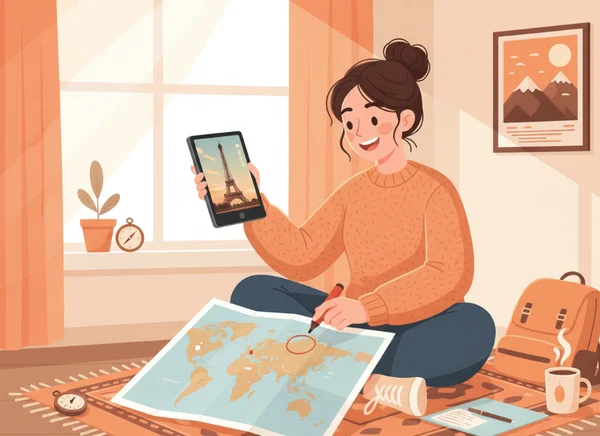 Traveler comparing movie scene to map