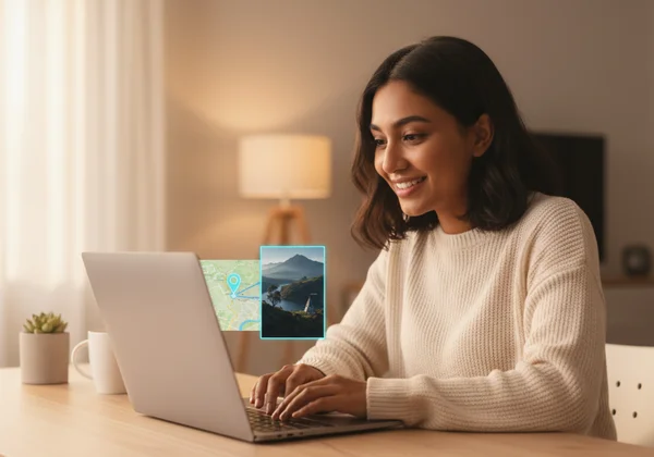 Happy user discovering a photo's location on a map